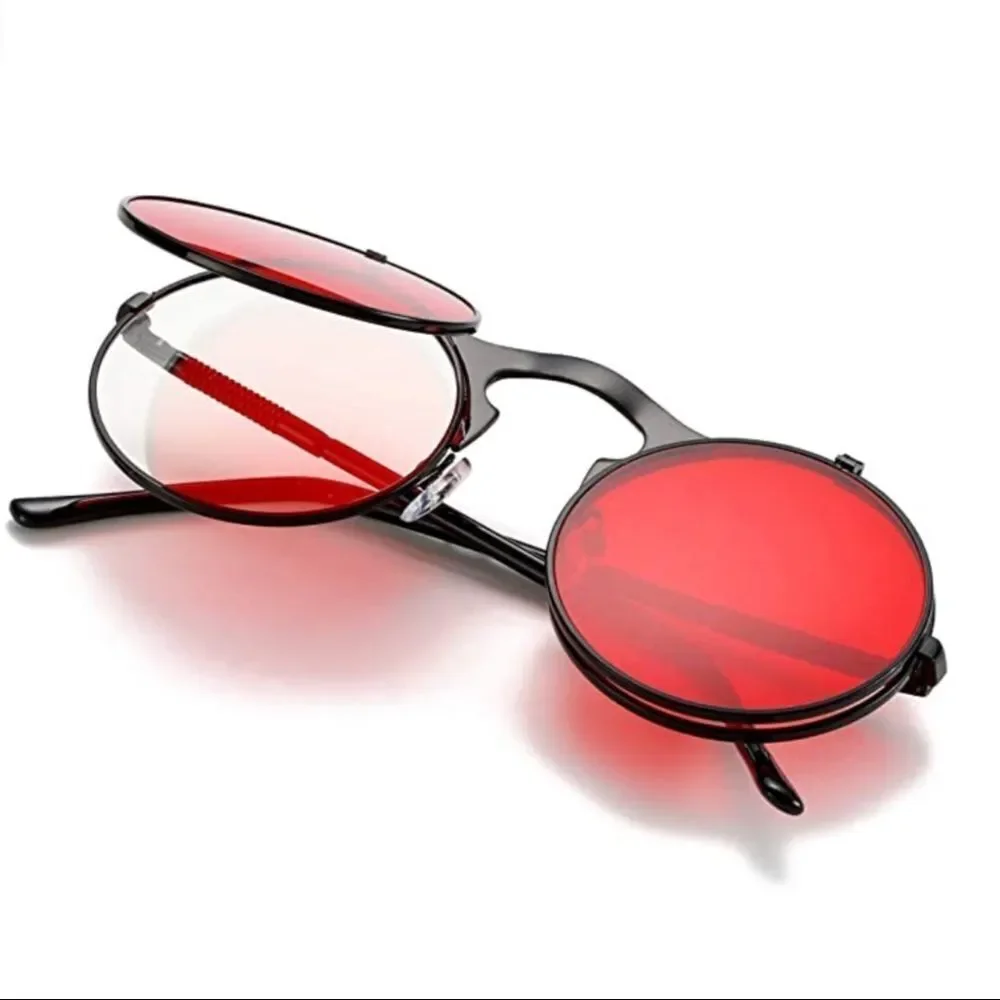 Red Round Flip Up Black Frame Sunglasses NEW